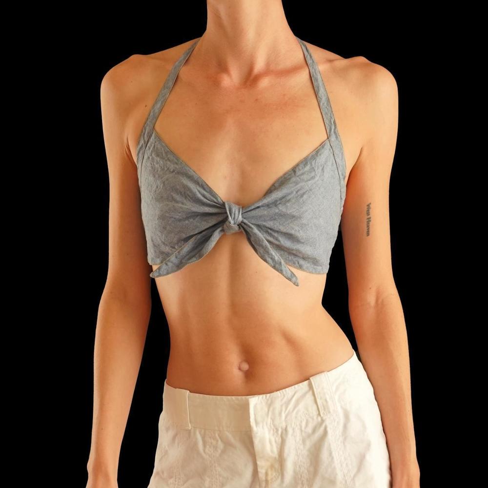 Vintage 70s chambray blue tie front crop top - Picture 1 of 5